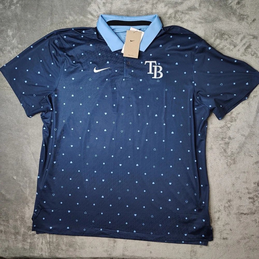 Nike Tampa Bay Rays Polo Shirt Mens 2XL Navy Blue Geometric Dri-FIT Stretch New